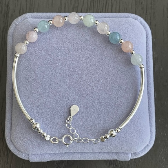 Solid Sterling Silver Natural Morganite 925 Silver Bracelet E8-32 - Picture 4 of 7